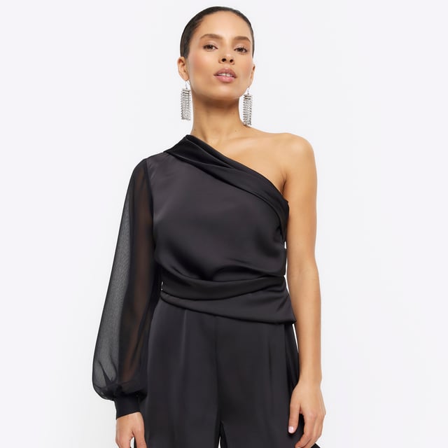 Petite collection, One shoulder design, Satin fabric, Asymmetric neckline, Long sleeve