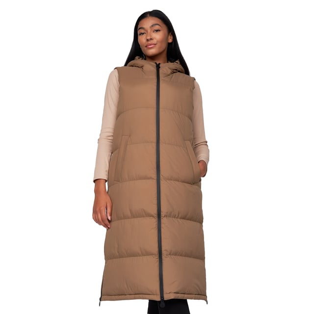 100% Nylon. Design: Logo, Quilted. Neckline: Hooded. Padded. Sleeve-Type: Sleeveless. Hood Features: Grown On Hood, Toggle Adjuster. Length: Longline. Pockets: 2 Side Pockets, Welted. Fastening: Full Zip, Two Way Zip. Hem: Split, Zipped. 10 UK: 34 in. 12 UK: 36 in. 14 UK: 38 in. 16 UK: 40 in.