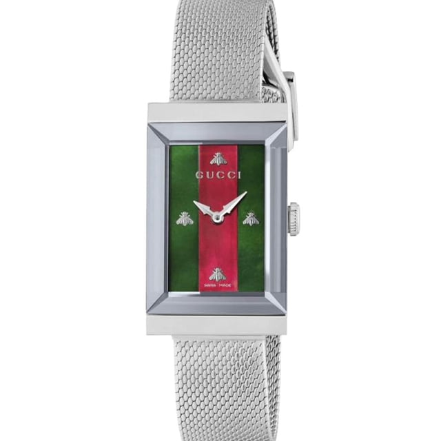 Brand: GUCCIWater Resistant: 300 MetersRecipient: WomenMovement: QuartzCase Material: Stainless SteelDial Colour: Mother-of-PearlStrap Material: Stainless Steel MeshDiameter: 34mmBrand Collections: G-Frame