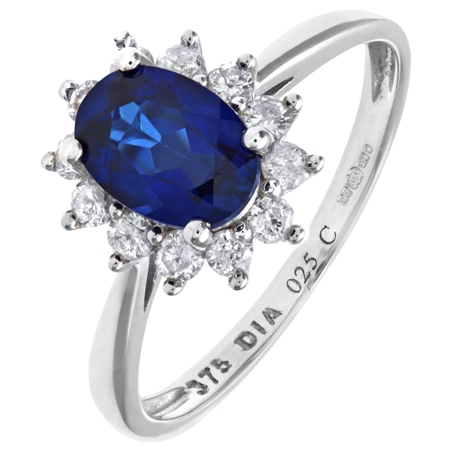 Oro blanco de 9 quilates (375): 1,8 g; # Diamante: 0,25 quilates; # Zafiro: 1.09ct