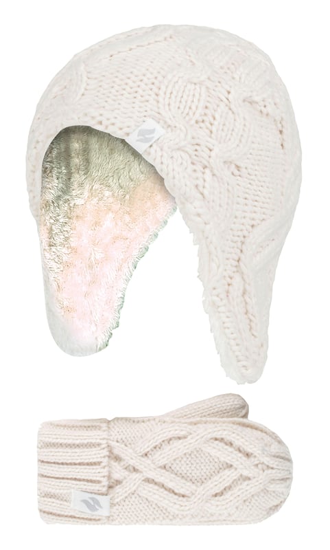 Introducing these cable cosy knitted-like design on hats and mittens for girls! For a much warmer and cosy feel, these Heat Holders matching set of hats and mittens include Heatweaver® insulation which is a plush fur-like thermal lining that maximizes the amount of warm air held close to the skin. Heat Holders use a specially developed thermal yarn provides high performance insulation against cold with superior moisture breathing abilities. Their stretchable construction contours around the natural shape of your body for improved fit, warmth and comfort. These hats feature an adorable pom pom detail on the top of the hat, and the end of the long ear flaps, further providing more warmth and comfort to your child's head. The mittens feature a cosy turn over cuff which enables you to adjust the cuff at the wrists. The cable knit design offers a Winter look which will complete any Winter ensemble! Whether you're looking to keep your daughter warm or look stylish, these cute hat and mittens will do just the job this Winter! Let your child play in snow whilst staying warm in these super soft winter collection. Stock up for the cold season with these lovely Heat Holders warm and mittens for your child. These hat and mittens come in 4 different colours of Frost Grey, Buttercream, Dusty Blue, and Dusky Pink. They are available in ages 3-6 years.