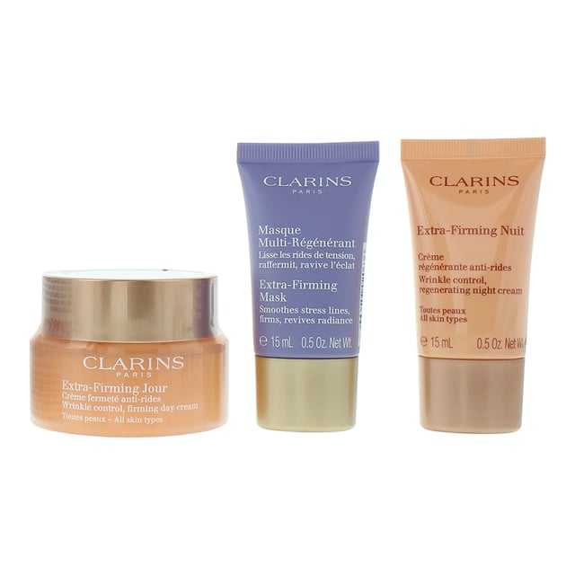 The Clarins Extra-Firming Gift Set presents skincare products designed to promote firmer, more youthful-looking skin. This set covers both daytime and night-time skincare needs. The Day Cream offers protection, hydration, and firming benefits for the active day, while the Night Cream focuses on repair and rejuvenation during restful sleep. The Face Mask improves the overall texture, tone, and elasticity of your skin.