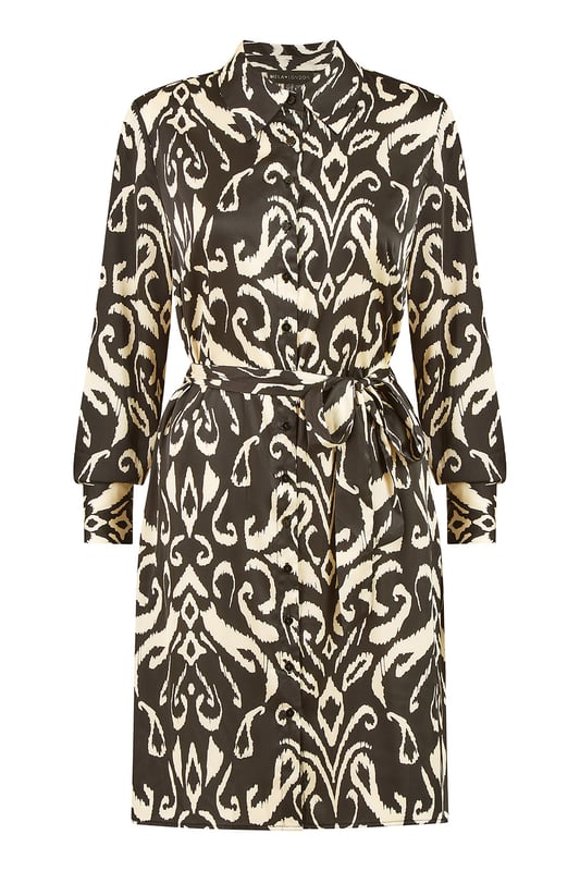 A print that is truly unique and adds something really special to your everyday dressing, inspired by traditional dying and printing techniques this shirt dress is the perfect way to add interest to any outfit. In a simple and chic shirt dress shape, with long sleeves and self tie waist belt that lends itself to smart styling • think oversized blazer, boots and lashings of silver jewellery.