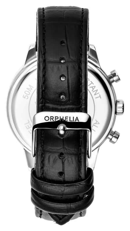This Orphelia Tempo Chronograph Watch for Men is the perfect timepiece to wear or to gift. It's Silver 43 mm Round case combined with the comfortable Black Leather watch band will ensure you enjoy this stunning timepiece without any compromise. Operated by a high quality Quartz movement and water resistant to 5 bars, your watch will keep ticking. GREAT DESIGN: Orphelia Tempo Chronograph watch with a Miyota Japanese Quartz movement includes a Date display. This watch features a Stopwatch, a 24 hour display  and Luminous Hands. Wear this speacial designed watch daily as a polished yet functional finish PREMIUM QUALITY: By using high-quality materials, Glass: Mineral Glass, Case material: Stainless steel, Bracelet material: Crocodile-embossed Leather- Water resistant: 5 bars COMPACT SIZE: Case diameter: 43 mm, Height: 10 mm, Strap- Length: 23 cm, Width: 19 mm. Due to this practical handy size, the watch is absolutely for everyday use-Weight: 62 g