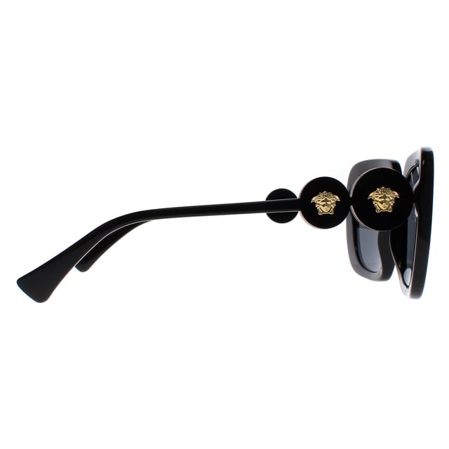 Versace Square Womens Black Dark Grey VE4434  Sunglasses are a bold and striking eyewear option that blends modern design with luxury details. With a square frame made of high-quality acetate, these sunglasses feature tinted lenses that provide 100% UV protection. The Medusa head emblem and gold-tone detailing on the temples add a touch of glamour to the design.