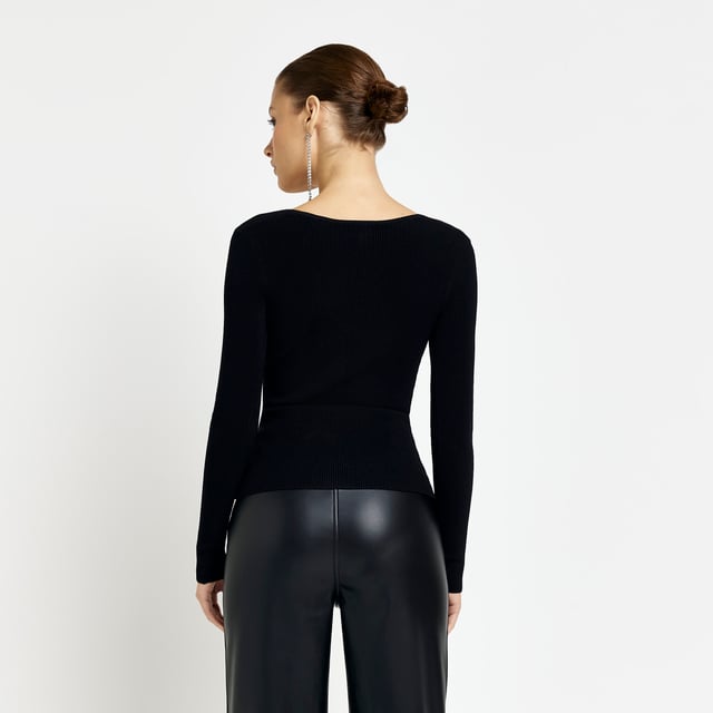 River Island Womens Black Plunge Long Sleeve Top