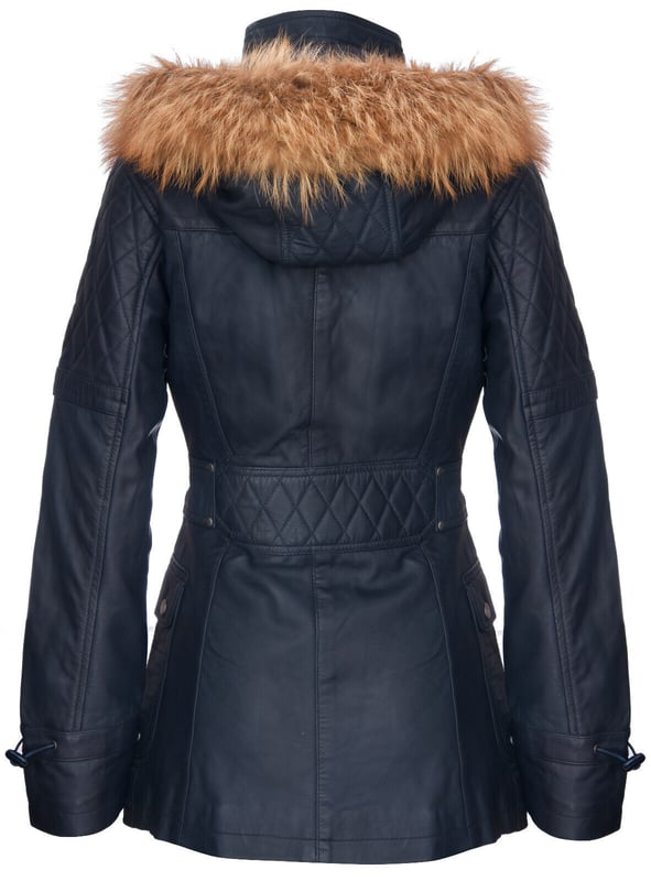 Elevate your winter wardrobe with our luxurious Women's Leather Diamond Quilted Parka Jacket, designed to add exuberance to your cold-weather outfits. Crafted from 100% premium ultra-soft nappa leather, this jacket offers a comfortable and luxurious feel. Here's what sets it apart:  
Diamond Quilting: The jacket features luxurious diamond quilting that adds a stylish texture to the ultra-soft leather, creating a unique and visually appealing design. 
Detachable Fur-Lined Hood: For extra warmth and a touch of class, the jacket comes with a detachable fur-lined hood, providing both comfort and style. 
High Funnel Collar: Below the hood, a high funnel collar shields against the wind and can be fastened with a traditional toggle closing, offering added protection and elegance. 
Multiple Pockets: This jacket offers practicality with two flap pockets at the waist and additional vertically running zipped pockets across the breast, ensuring you have ample storage space for your essentials. 
Quilted Detailing: Quilted detailing on the shoulders, back, and hood enhances the overall design, adding sophistication and warmth to the jacket.  This Women's Leather Diamond Quilted Parka Jacket is the perfect choice for those seeking both style and functionality in their winter attire