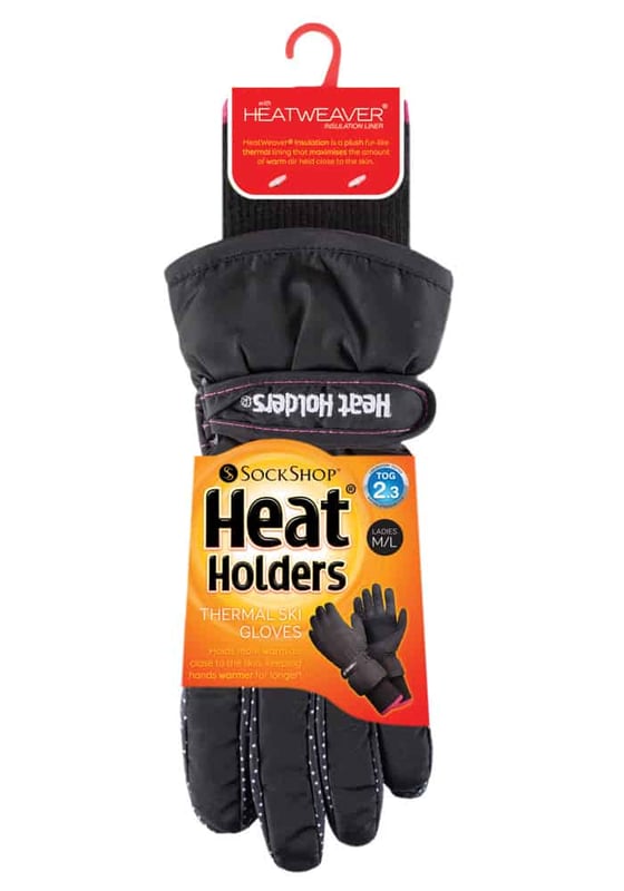 Whether to go skiing in, or for general use in the snow, these Heat Holders Ski Gloves will suit the job. Normal Gloves can get freezing and damp after a while out in the snow, that is why these shower and wind proof Gloves have been made, to make sure your hands are kept warm and dry throughout the day! These Gloves have an outer which will keep away showers and wind, while the lining of the Gloves in the soft and fleece-like HeatWeaver Lining, which is Heat Holders plush fur lining which keeps the maximum amount of heat close to the skin for longer. They also have an adjustable wrist strap to help you get the best fit, as well as a longer cuff which hugs the wrist to keep in the warm air and stop wind and cold air from coming in. The palm and thumb of these Gloves has extra grip to make sure that you have full control of your hands while skiing or any other activity. These ladies ski Gloves come in 2 sizes S/M and M/L and have polka-dot patterned panels on them to give them some cute femininity. Mens sizes are also available.