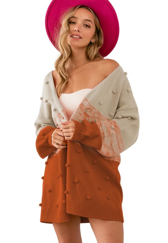 Cute and romantic brown pompom color block cardigan
  Open front design for easy layering
  Unique color block silhouette
  Warm and stylish knit cardigan
  Perfect for women who appreciate luxury fashion
Material: 100% Acrylic