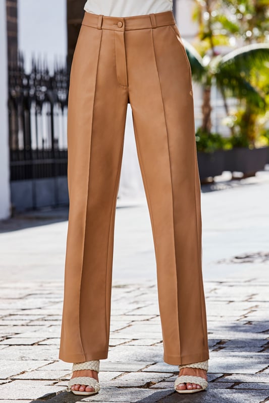 REASONS TO BUY:

They've got wardrobe staple written all over them
We can't believe they're faux leather either
High waist for a flattering fit
Elongating wide legs
Dress them down with a tee trainers and blazer
Heels and a nice top will take them out-out

Inside leg to fit: Short 29 | Regular 31" | Long 33"