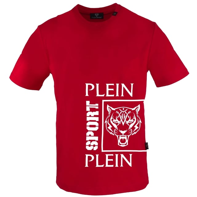 Elevate your style game with the Plein Sport Bold Branded Logo Red T-Shirt. This sleek Red tee features a bold logo, making a statement wherever you go. Comfortable and versatile, it's a must-have addition to your wardrobe. Show off your edgy side with this stylish t-shirt! Slim Fit Plein Sport Branded Logo, Short Sleeve, Crew Neck, Made In Jordan 100% Cotton, Sports wear Style Code: TIPS406 52