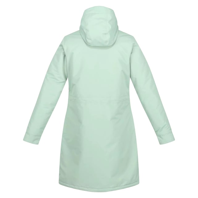Material: 100% polyester. Foder: Taffeta. Tyg: Taslan, ylleffekt. Design: Logotyp. Tygteknik: Andningsbart, DWR Finish, Isolerande, Isotex 5000, Quick Dry, Thermo-Guard, Vattentätt, Vindtätt. Tejpade sömmar. Manschett: Pälskant i fuskpäls, uppvikt manschett. Halsringning: Huva. Ärmtyp: Långärmad. Funktioner på huva: Fuskpäls, växer på huvan. Längd: Mellanlång. Fickor: 2 nedre fickor, lapp, dragkedja, handvärmare. Fästning: Tvåvägsdragkedja. 5000g/m¬?/24 timmar.