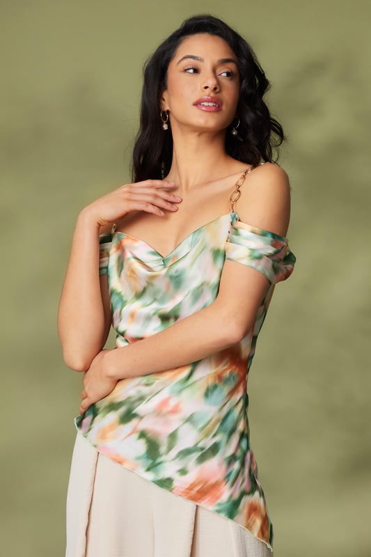 - Satin finish - Marble print - Cowl neckline - Drop shoulder - Chain detail - Model height: 5' 7" - Model wears uk 8 / us 4 / eur 3 - Always check the care wash label. cool hand wash with mild detergent