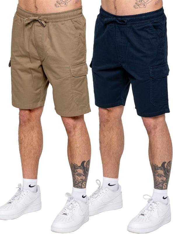 Upgrade your casual wardrobe with the Kruze Chino Cargo Shorts, designed for both comfort and functionality. Featuring a mid-rise, regular fit, these shorts offer a laid-back look. The elasticated waistband with an adjustable drawstring ensures a secure and custom fit. Equipped with two side slash pockets, two spacious cargo pockets with Velcro fastening, and two back pockets, these shorts provide ample storage for your essentials. Crafted from durable, non-stretch chino fabric, they are perfect for everyday wear. Pack of two. Beige & Navy