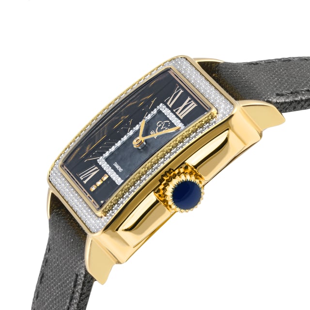 Decadence is in the details.
The Padova Collection by Gevril shares its name with the Italian city that has inspired artists for centuries. From Shakespeare to Giotto, Padova has set the stage for numerous timeless works of art, so it’s only fitting this series of watches features delicate detailing and expert craftsmanship. From the stunning, diamond cut ring dial to the anti-reflective sapphire crystal face, each enthralling element of this timepiece is made to precision. Contrasting roman numeral markers surrounding the face contrast with the dial, and 3 diamonds lay nestled at the VI mark. The square bezel is available in a myriad of metals and features a push-pull crown. This Swiss-Movement watch is water resistant for 30 meters. Dazzle in diamonds and enduring elegance with a timepiece from the Padova Collection.GV2 12307 Women's Padova Swiss Diamond Watch

GV2 Women's Swiss Watch from the Padova Collection
27.5 mm Rectangle Yellow Gold Case, Push Pull crown
Stunning Black MOP dial with Diamond Cut ring on dial, 3 Diamonds at 6.00
Genuine Hand Made Italian Leather Strap
Anti-reflective Sapphire Crystal
Water Resistant to 30 Meters/3ATM
Swiss Movement Ronda 762.