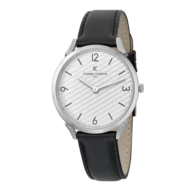 This Pierre Cardin Pigalle Stripes Analogue Watch for Men is the perfect timepiece to wear or to gift. It's Silver 40 mm Round case combined with the comfortable Black Leather watch band will ensure you enjoy this stunning timepiece without any compromise. Operated by a high quality Quartz movement and water resistant to 3 bars, your watch will keep ticking. This casual and modern watch is perfect for all kind of casual activities, indoor activities or daily use, it's also a great gift for family and friend. High quality 21 cm length and  18 mm width Black Leather strap with a Buckle Case diameter: 40 mm,case thickness: 6.55 mm, case colour: Silver and dial colour: White