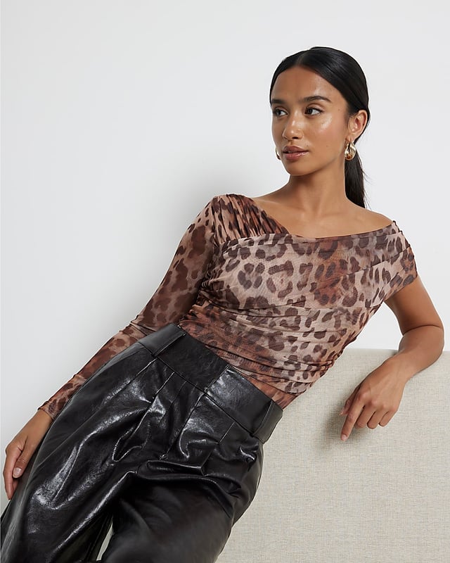 Petite collection, Mesh fabric, Leopard print, Asymmetric design, Drape detail, Long sleeves