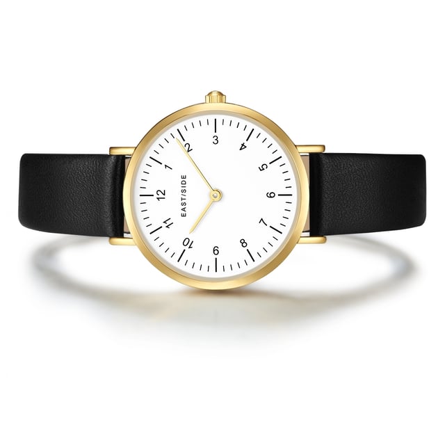 Do you like urban styles, but like to rely on traditional values ??at clocks? Then this women's watch in the Eastside label is the right choice. It combines the modern zeitgeist of the New York district of the same name with a classic watch look. The stylish accessory scores with a reduced dial, simple barnice with Arabic numerals and slim bars. The IP-finished housing in warm yellow gold and a smooth, soft, real leather bracelet with a thorn lock fit harmoniously into the reserved design concept. A precise quartz clock and hardened mineral glass complete the high-quality equipment and make the watch a popular everyday companion.