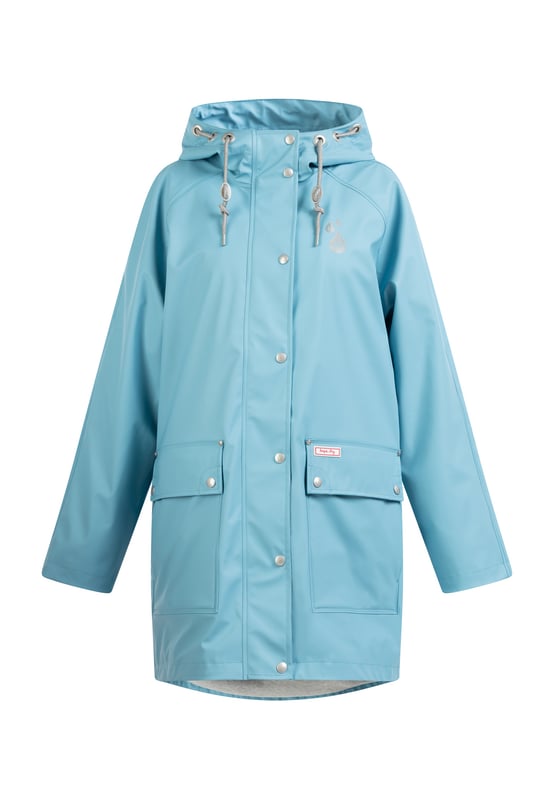 Het regenjack van myMo is met zijn brede poncho vorm helemaal in de trend. Het gecoate materiaal is bovendien niet alleen waterdicht, maar dankzij de gesealde naden ook winddicht en biedt zo de beste bescherming tegen alle weersomstandigheden. De binnenvoering is van een zachte jersey, wat het draagcomfort nog vergroot. Een grote capuchon met trekkoorden en een glitterkoord, verstelbare manchetten en de optimale lengte zorgen ook voor duurzame bescherming. Effectieve luchtcirculatiegaten onder de armen zorgen voor een goed ademend vermogen. De oogjes, knopen en andere kleine details zijn versierd met mooie en stijlvolle logo reliëfs.Belangrijke maatinformatie: Omdat het jack een speciale oversize vorm heeft, is het geschikt voor verschillende maten: Maat XS/S - past tot maat 42/44 Maat M/L - past tot maat 46/48 Maat XL/XXL - past tot maat 50/52