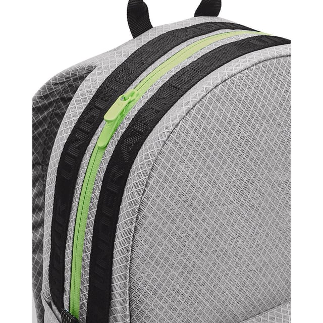 UA Storm technology delivers an element-battling  highly water-resistant & stain-resistant finish- Laptop sleeve holds up to 15 inch MacBook Pro® or similarly sized laptop- Padded back panel & shoulder straps for added comfort- Ultra-durable & lightweight ripstop body fabric with reflective trims- Large  zippered valuables pocket at the front & side water bottle pocket- Top grab handle- Jacquard wordmark webbing across top- Style #: 1364187- Dimensions When Full: 11.8 inchW x 5 inchH x 17.7 inchL- Volume: 25L- 100% Polyester- Imported