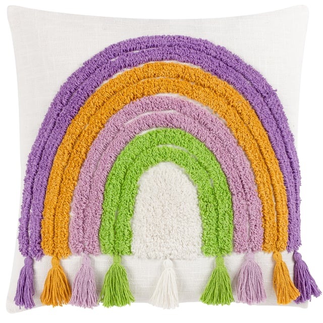 Bring extra fun and happiness to your room with the Rainbow Tassel cushion. In vibrant colours the cotton tufts creates an amazing textured rainbow shape in four different colours, which are backed onto a cotton base. Finished with a multi-coloured tasselled trim to add some extra cool. A fab way to help stamp your personality in your chill space and perfect for throwing on a chair or sofa for a funky laid back style.
