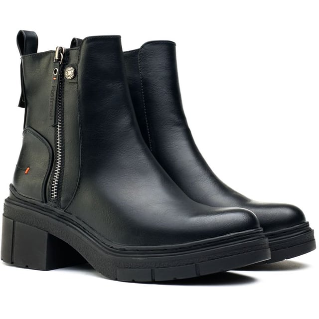 Botas negras Refresh con cremallera interior para mujer, fabricadas en sintético y suela de goma. Incluye: cremallera interior, forro acolchado, suela con tacos, cremallera exterior sintética y altura del tacón 5cm.
