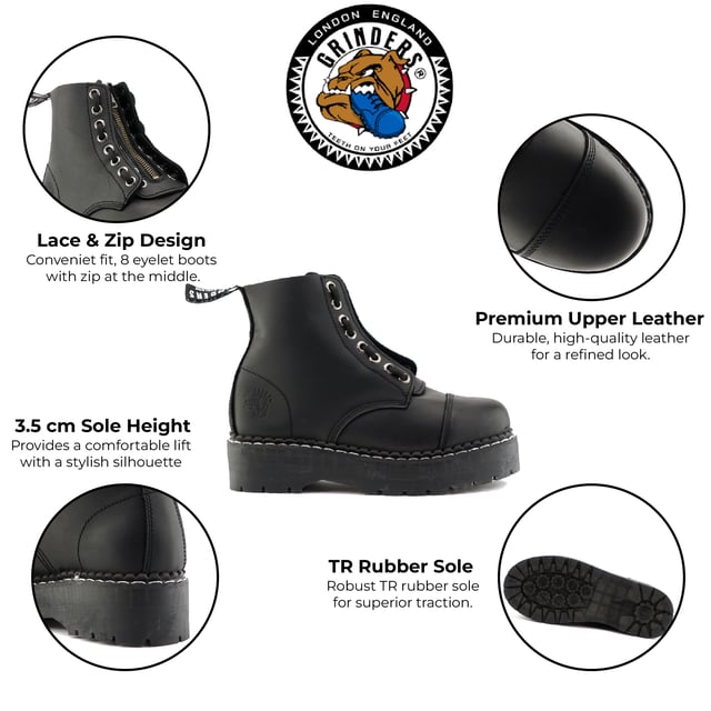 The Cameron from Grinders is a modern twist on the classic derby boot, blending style with exceptional functionality. This updated model features an 8-eyelet lace system combined with a convenient front zip for an easy and secure fit. Designed with Goodyear welted construction, the Cameron ensures durability and resilience. The boot's extra thick soles provide added protection and comfort, while Grinders’ Air Cushioned Soles (ACS) deliver superior support and shock absorption. Crafted from premium leather uppers, the Cameron offers a sleek look and long-lasting wear, making it a versatile and dependable choice for any wardrobe. 8 Eyelet Derby Boots, Goodyear Welted, Extra Thick Soles, Front Zip, Grinders’ Air Cushioned Soles (ACS), Leather Uppers