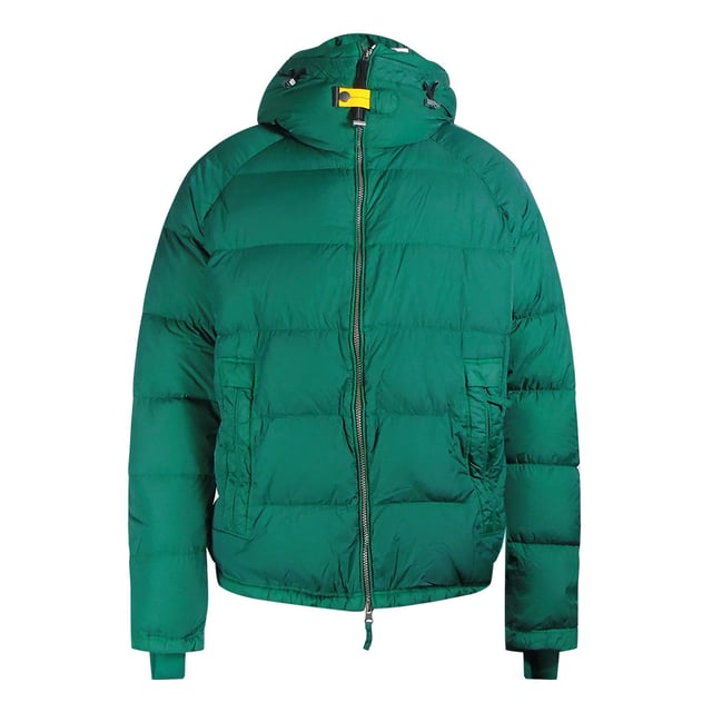 Groene parajumpers jas, twee zakken met ritssluiting aan de voorkant, PJS-patch op de linkermouw, 100% donsjack, elastische tailleband en mouwen
