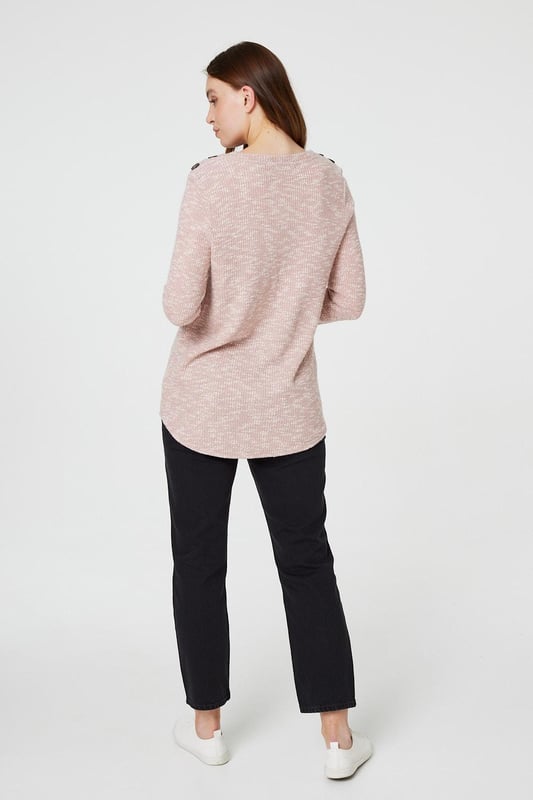 Elevate your casual wardrobe with this marled longline pullover. It has a round neck, long sleeves, a button embellishment at the shoulders, relaxed fit and a thigh length hem. Pair with jeans and trainers for an on-trend weekend look.