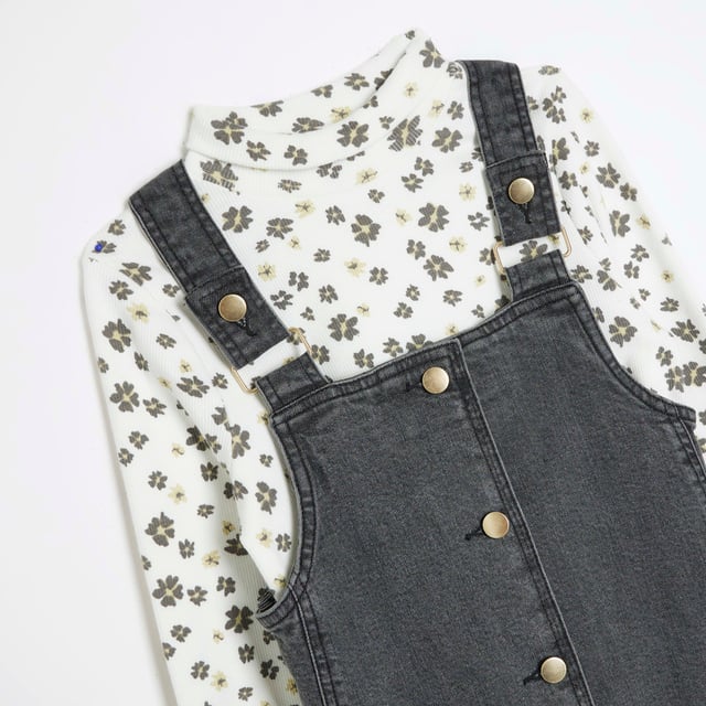 River Island Girls Pinafore Dress Set Grey Floral Denim