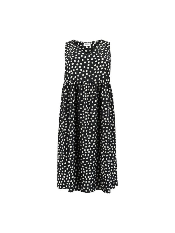 Details

V-neck

Flowing skirt

Garment Care

Composition:  100% Polyester

Machine washable

Sizing

Model height: 5ft 10inches/178cm
Length from back neck to hem: 123cm

This is the prettiest summer dress, and one you can dress up or down with ease. In a classic black &amp; white spot print, it has a sleeveless, V-neck shape with a flowing skirt. Its cut from a woven fabric that moves beautifully, making this piece as flattering as it is cool and comfortable.