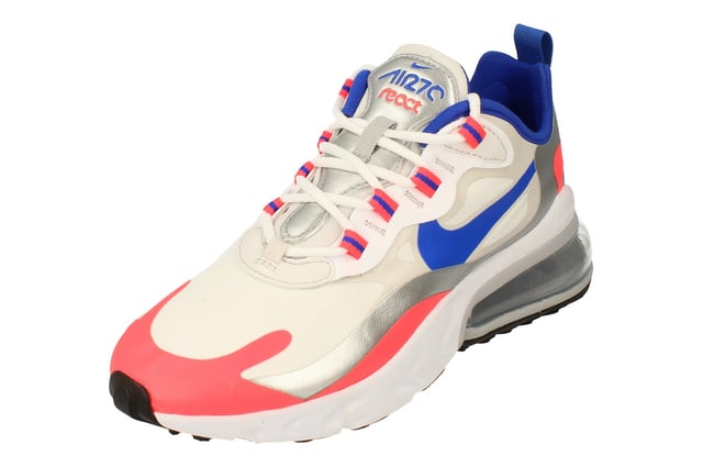 Nike Womens Air Max 270 React White Trainers Introducing the Nike Women's Air Max 270 React sneaker; a brand-new offering featuring the latest in Air cushioning technology and a stylish, lightweight design. This footwear is designed to provide outstanding cushioning with every step, while the React foam midsole borrows inspiration from running technology to give you an incredibly comfortable stride.CW3094 - White Racer Blue Flash Crimson 100