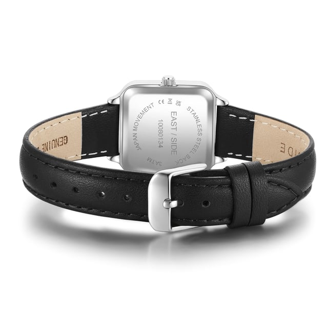GENERAL INFORMATION:  • Targetgroup: Female  • Wristwatch: No Special Functions  • Display: analogue  • Weight of watch w/o box (gr.) - approx.: 23  MOVEMENT:  • Movement: Quartz  • Term of Movement: 2025  • Origin of movement: Japan  BRACELET:  • Material of bracelet/strap: Genuine leather  • Plating of bracelet/strap: None  • Finishing of bracelet/strap: Smooth  • Finishing/Decoration of bracelet/strap: None  • Clasp/Closure/Buckle: Buckle  • Color of bracelet/strap: Black  • Length of bracelet/strap (mm) approx.: 190,0  • Width of bracelet/strap (mm) approx.: 14,0  • Style/Design of bracelet/strap: No imprint  • Bracelet/strap adjustable?: No  CASE:  • Shape of case: Square  • Size/Diameter of case in mm . approx.: 25,0 x 32,0  • Height of case in mm: 8,1  • Case material: Metal (Alloy)  • Surface of case: Polished  • Bezel/Topring: Fixed  • Finishing/Decoration of case: None  • Material of case back: Stainless steel  • Lock of case back: No screwed-in crown  • Color of case: Silver  • Coating/Plating (Case): None  • Type/Form of crystal: Flat  • Material of crystal: Mineral crystal  DIAL:  • Size jewelry care cloth: Hour, Minute  • Indices: Line indices  • Material of dial: Brass  • Structure/pattern of dial: Flat/sunray  • Color of dial: Black  PUSHER, CROWN, HAND:  • Pusher: None  • Corrector: No  • Crown: No screwed-in crown  • Type of hands: Pole hand  • Luminescent (hands): No  PACKAGING & SCOPE OF DELIVERY:  • Box: Yes  • Service booklet: Yes  • Manual: Yes
