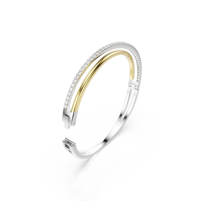 This dazzling Bracelet for Women from Swarovski is the perfect gift to spoil yourself or a loved one. The Bracelet is made out of Base Metal, colored Silver/Gold at Length: 18.6 cm weighing in at  grams with a Width of 6.2 cm at its widest point. The Swarovski 'Hyperbola' Women's Base Metal Bracelet - Silver/Gold 5689722 is delivered in a stunning gift box and carries a two year warranty.