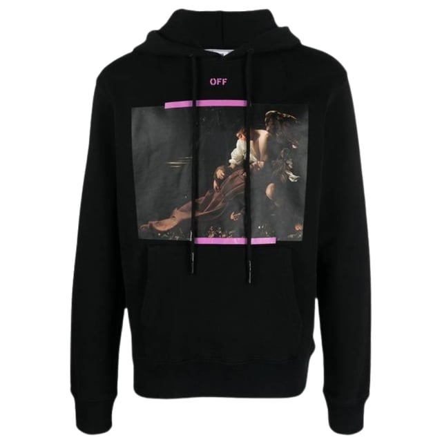 Off-White Arrow Caravaggio St Fran Slim Fit Schwarzer Kapuzenpullover. Bleiben Sie warm und stilvoll mit diesem Off-White Slim Fit Hoodie. Mit seinem modernen Design und dem ikonischen Logo ist dieser Kapuzenpullover mit Sicherheit ein Gesprachsstarter. Zeigen Sie Ihren einzigartigen Stil!.. Pfeil-Logo auf der Ruckseite. Verstellbare Kapuze mit Kordelzug, grosse Kangurutasche vorne, schmale Passform. 100 % Baumwolle, hergestellt in Portugal. Stilcode: OMBB097S23FLE0031034