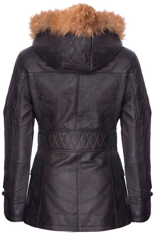 Elevate your winter wardrobe with our luxurious Women's Leather Diamond Quilted Parka Jacket, designed to add exuberance to your cold-weather outfits. Crafted from 100% premium ultra-soft nappa leather, this jacket offers a comfortable and luxurious feel. Here's what sets it apart:  
Diamond Quilting: The jacket features luxurious diamond quilting that adds a stylish texture to the ultra-soft leather, creating a unique and visually appealing design. 
Detachable Fur-Lined Hood: For extra warmth and a touch of class, the jacket comes with a detachable fur-lined hood, providing both comfort and style. 
High Funnel Collar: Below the hood, a high funnel collar shields against the wind and can be fastened with a traditional toggle closing, offering added protection and elegance. 
Multiple Pockets: This jacket offers practicality with two flap pockets at the waist and additional vertically running zipped pockets across the breast, ensuring you have ample storage space for your essentials. 
Quilted Detailing: Quilted detailing on the shoulders, back, and hood enhances the overall design, adding sophistication and warmth to the jacket.  This Women's Leather Diamond Quilted Parka Jacket is the perfect choice for those seeking both style and functionality in their winter attire