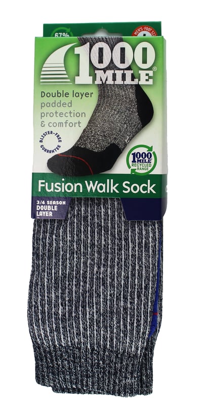 1000 Mile Men's Double Layer Walking SocksIntroducing the Fusion Repreve Double Layer Walking Sock, a perfect blend of comfort and sustainability. Combining the renowned 1000 Mile double layer design with extra padding, these socks ensure ultimate comfort during walks. Crafted from recycled materials, the innovative two-layer construction minimizes friction and reduces the risk of blisters.Choose from two stylish color options: Charcoal Marl/Black and Charcoal Marl/Royal Blue. Available sizes include Medium (6-8.5 UK/EUR 39-42.5), Large (9-11.5 UK/EUR 43-46.5), and XL (12-14 UK/EUR 47-49).The materials consist of a durable outer layer composed of 36% REPREVE® Nylon 6, 21% cotton, 12% acrylic, 11% wool, 18% polyamide, and 2% elastane. The inner layer comprises 99% REPREVE® Nylon 6 and 1% elastane. Elevate your walking experience with the Fusion Repreve Double Layer Walking Sock.Extra Product DetailsUltimate comfort during walks with extra padding and double layer designSustainable choice made from recycled materialsMinimizes friction and reduces the risk of blistersStylish options: Charcoal Marl/Black and Charcoal Marl/Royal BluePerfect fit by selecting the same size as your foot sizeSnug fit without any wrinkles for added comfortAvailable in Medium, Large, and XL sizesDurable and high-quality materials for long-lasting use