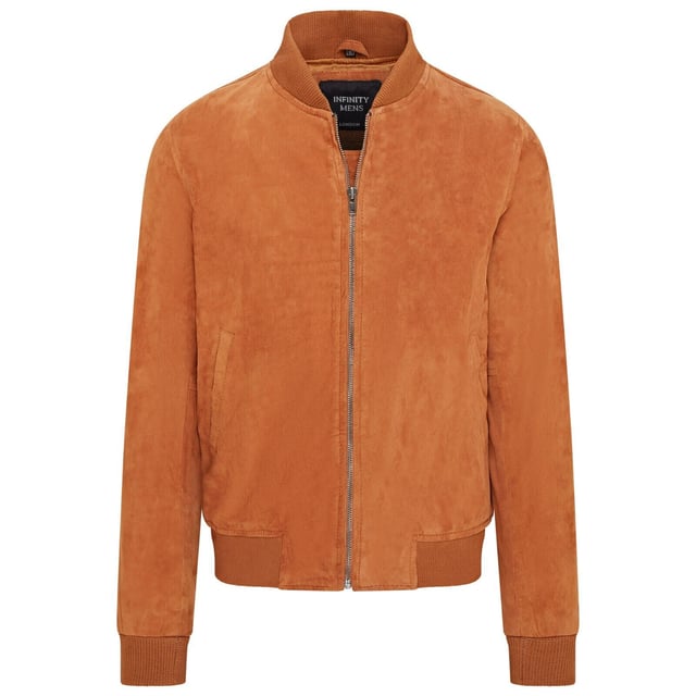 Introducing the Men's Varsity Suede Leather Bomber Jacket, a refined take on the classic MA-1 flight jacket. Crafted from 100% soft goat suede, this jacket offers exceptional durability and a supple drape. The exposed zip front features a wide, quilt stitch zip stand, complemented by a rib knit collar, cuffs, and hem for added warmth and a sleek silhouette. With four pockets�two at the waist and two inside, including a secure zipped pocket�this fully lined jacket combines style and functionality seamlessly.

� Made from 100% soft goat suede for durability and comfort
� Exposed zip front with quilt stitch zip stand
� Rib knit collar, cuffs, and hem for insulation
� Four pockets: two waist and two interior, one with a zip
� Fully lined interior for added warmth and comfort