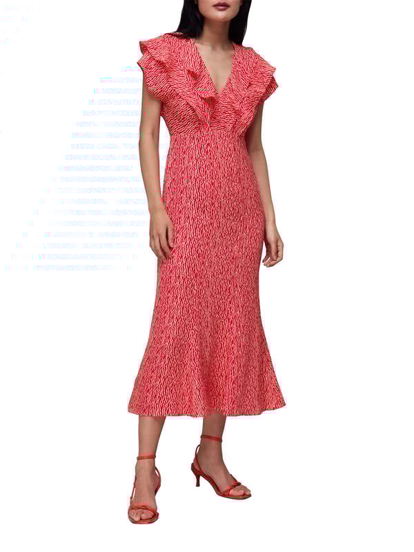 Step into style with the vibrant Wiggly Ruffled Midi Dress, perfect for day-to-evening wear. This short-sleeved number with a flattering V-neck and zip fastening offers comfort with its recycled polyester blend, making it an eco-conscious choice for any fashion-forward wardrobe.