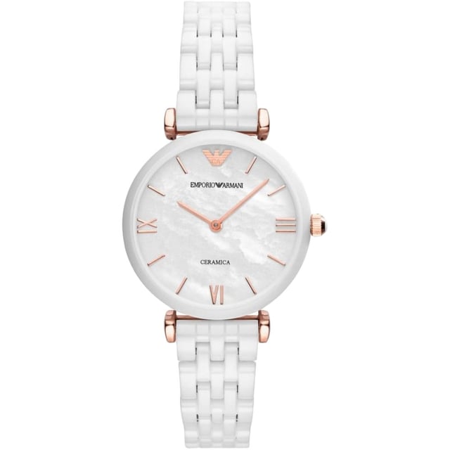 Brand: Emporio ArmaniModel Number: AR1486Part Number: AR1486Item Shape: RoundDial Window Material Type: MineralDisplay Type: AnalogClasp: Deployant Clasp with Double Push ButtonCase Material: CeramicCase Diameter: 32 millimetersCase Thickness: 7.5 millimetersBand Material: CeramicBand Size: Women’s StandardBand Width: 14 millimetersBand Color: WhiteDial Color: WhiteBezel Material: CeramicMovement: Quartz