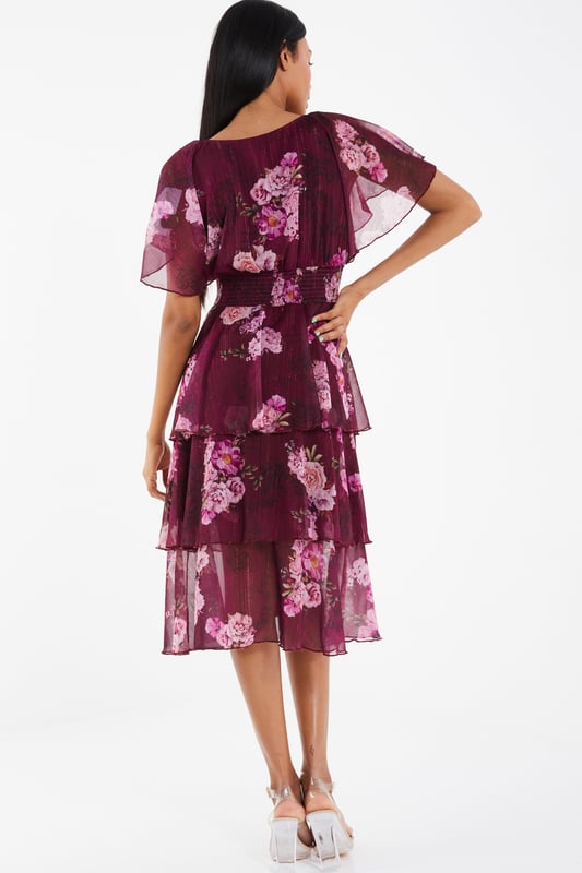 Berry Floral Chiffon Midi Dress