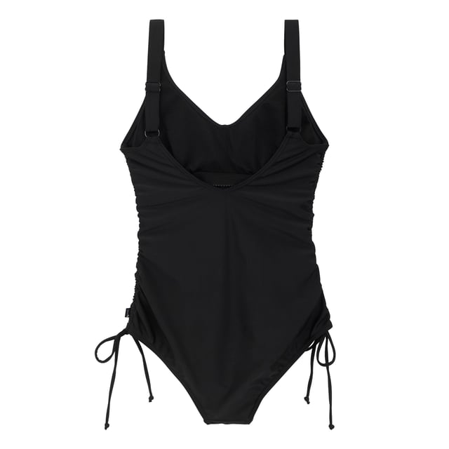 85% Polyester, 15% Elastane. Fabric: Stretch. Design: Plain. 200gsm. Fastening: Pull Over. Neckline: Sweetheart. Adjustable Strap, Drawstring Side, Elasticated Under-Bust Band, Gathered Side, Non-Wired Padded Cups, Tummy Control, UPF 50+. Fabric Technology: Durable, UV Protection.