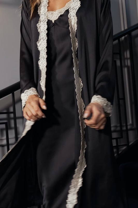 REASONS TO BUY:

Next-level nightwear
Slinky satin fabric feels as good as it looks
Stunning contrast lace trim
Tie belt to keep things cosy
You're going to need the matching slip
Accessorise with a cuppa - or something bubbly!
