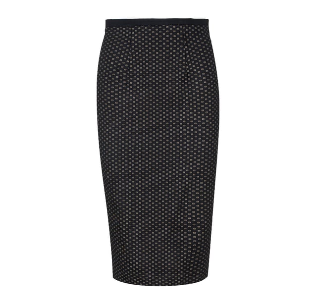 Deze bedrukte kokerrok met hoge taille is gemaakt van bedrukte Punto di Roma-stof. Met een blinde ritssluiting en een kleine split aan de achterkant. De kokerrok heeft een stretch polyester voering. De rok heeft een midi lengte en een aansluitend silhouet.