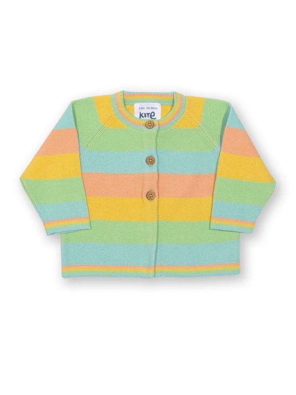 When cooler weather comes calling your little one will love to be snuggled up in this sunset stripe cardi. In a lovely soft lightweight knit, the delightful rainbow style cardigan is a great choice for completing any outfit this season.