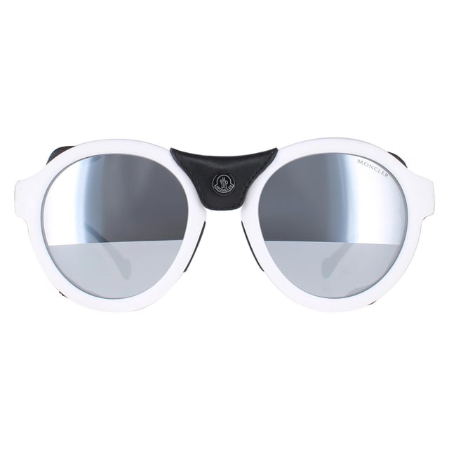 Moncler Round Unisex White Black Leather Grey Silver Mirror ML0046  Sunglasses are a round style crafted from lightweight acetate . These have removeable leather side inserts for extra protection and the Moncler logo on the temples.