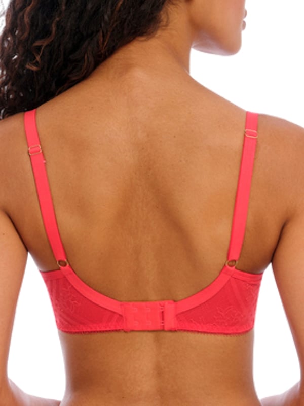 Freya Freya Fatale Plunge Bra. Lace trim neck edge with sheer top cups and lace bottom cups. This product is recommended as hand wash only.