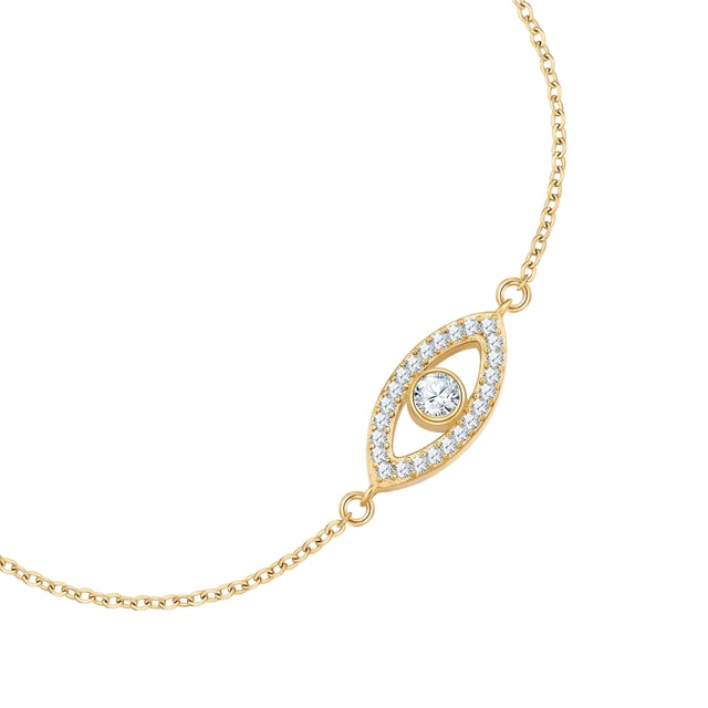 Anyone who likes to wear symbolic jewelry will receive a magical talisman with this bracelet from the young label EASTSIDE. The "Evil Eye" or also called "All-Seeing Eye" is intended to protect against evil eyes and is therefore not only a pretty accessory, but also a popular good luck charm in many cultures. Here, the protective symbol is lavishly decorated with sparkling zirconia crystals and integrated into a delicate anchor bracelet made of yellow gold-plated stainless steel - the skin-friendly, easy-care, scratch- and waterproof alternative to costume jewelry. Practical detail: A lobster clasp with an extension chain allows for easy length adjustment.