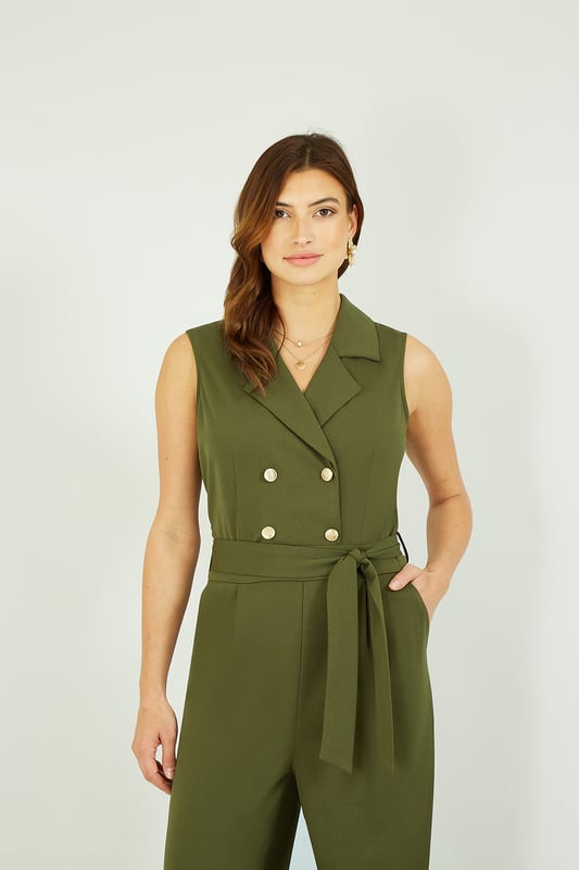 Button detail self tie jumpsuit best sale
