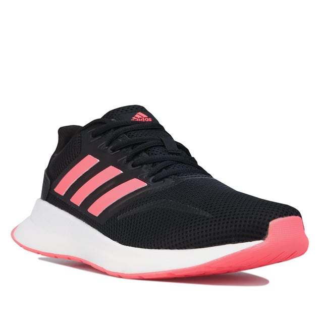 Childrens adidas Runfalcon Trainers in Black Pink. – Mesh and synthetic leather upper. – Lace closure. – Regular fit. – Contrast 3-Stripes to sides. – Synthetic cage over the midfoot. – Synthetic heel cap. – Lightweight EVA midsole. – Lightweight feel. – Rubber outsole. – Synthetic upper Textile and synthetic lining – Synthetic sole. – Ref: FV9441